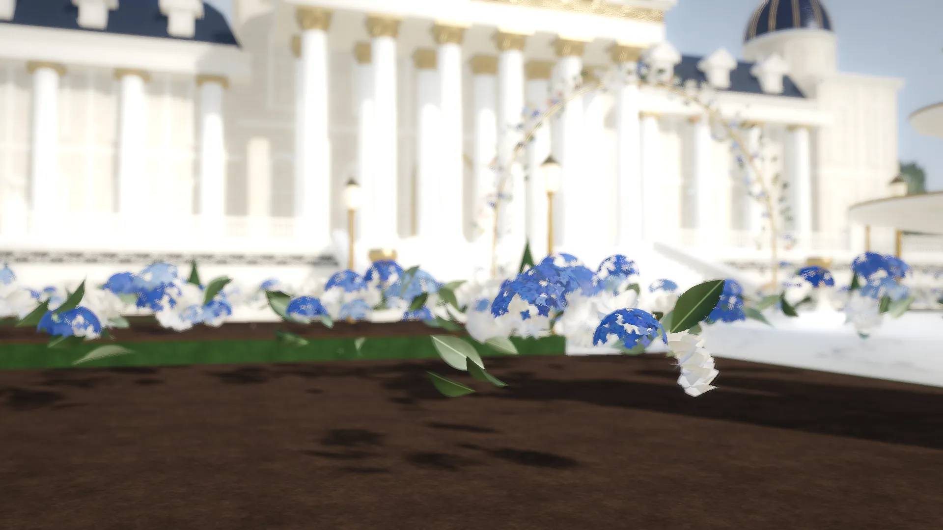 Render 3D hydrangea biru dan mawar putih di taman istana