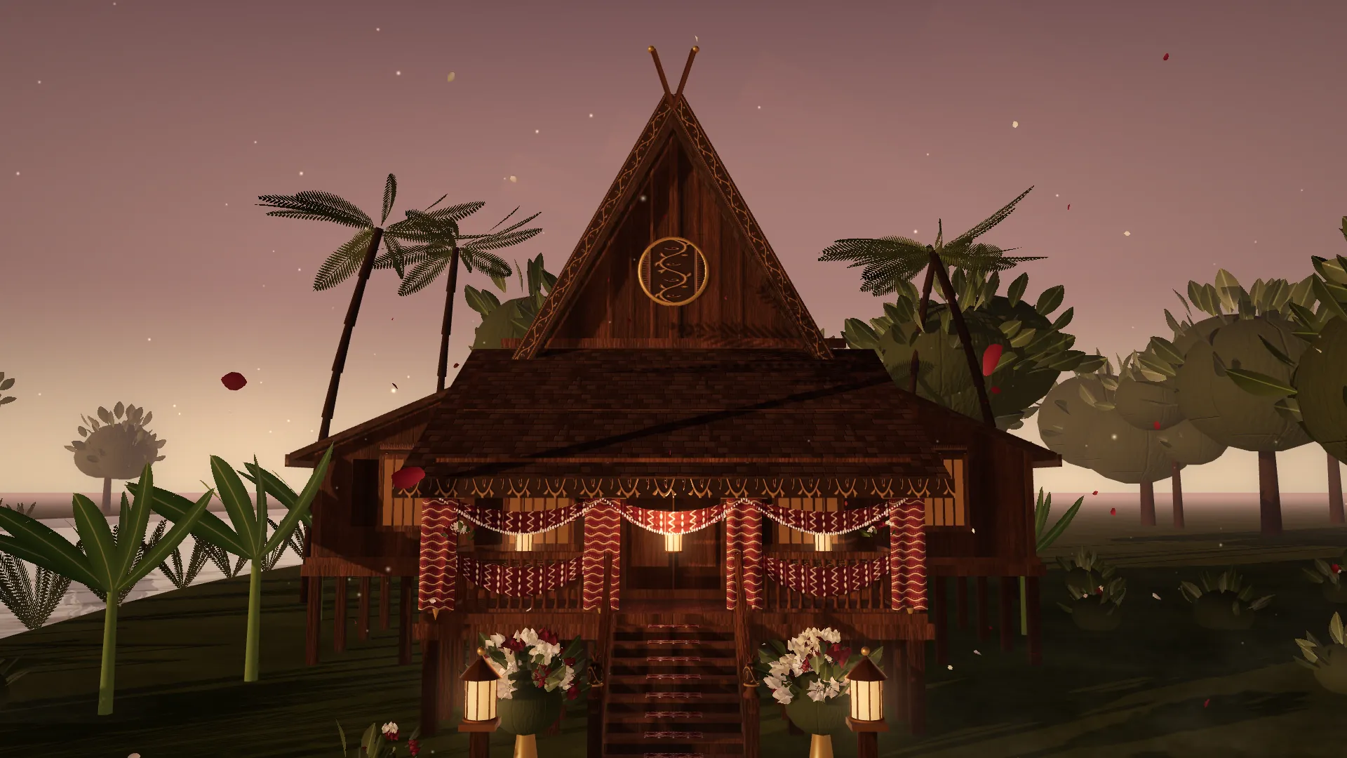 Render 3D tampak depan Rumah Bubungan Tinggi dengan palatar berhias Sasirangan
