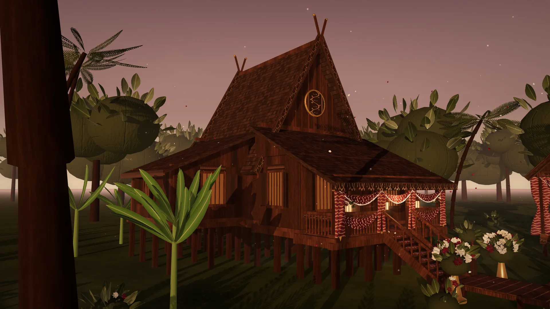 Render 3D tampak tiga perempat Rumah Bubungan Tinggi dengan anjung dan atap curam