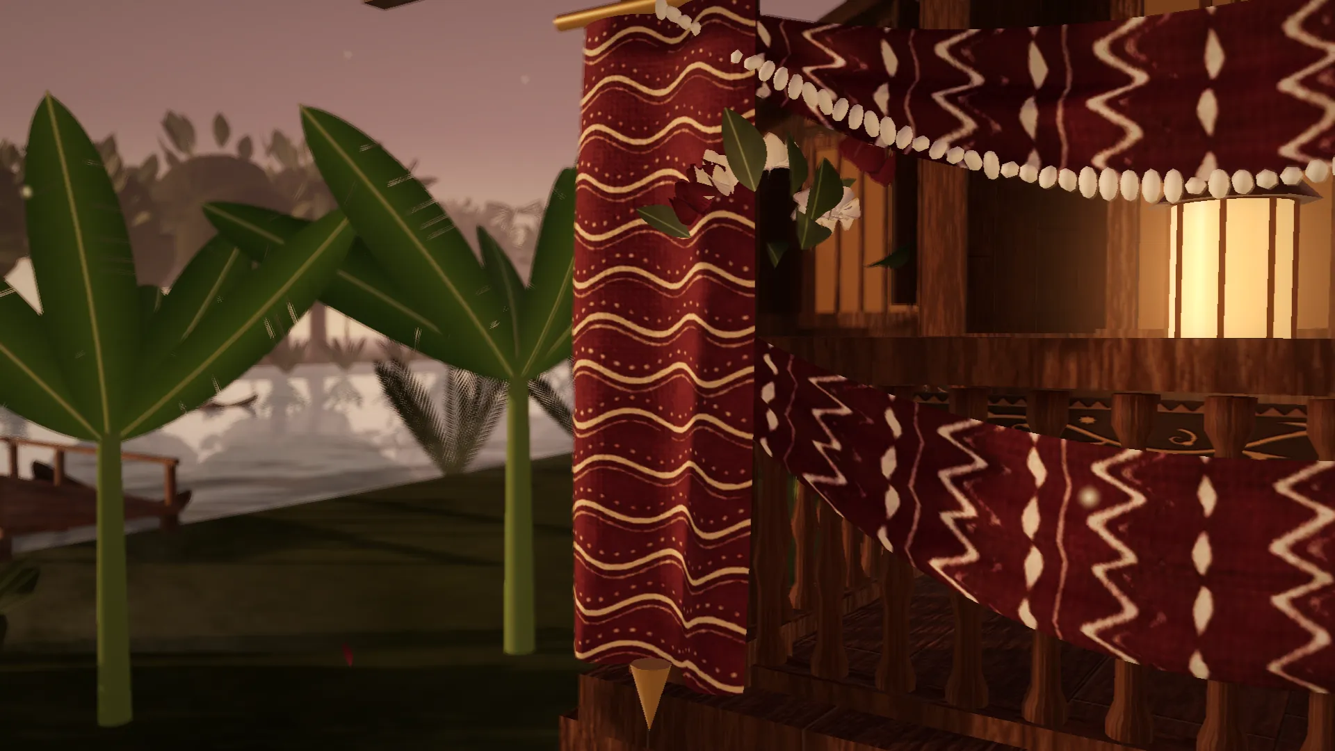 Render 3D kain Sasirangan maroon bergantung di palatar rumah