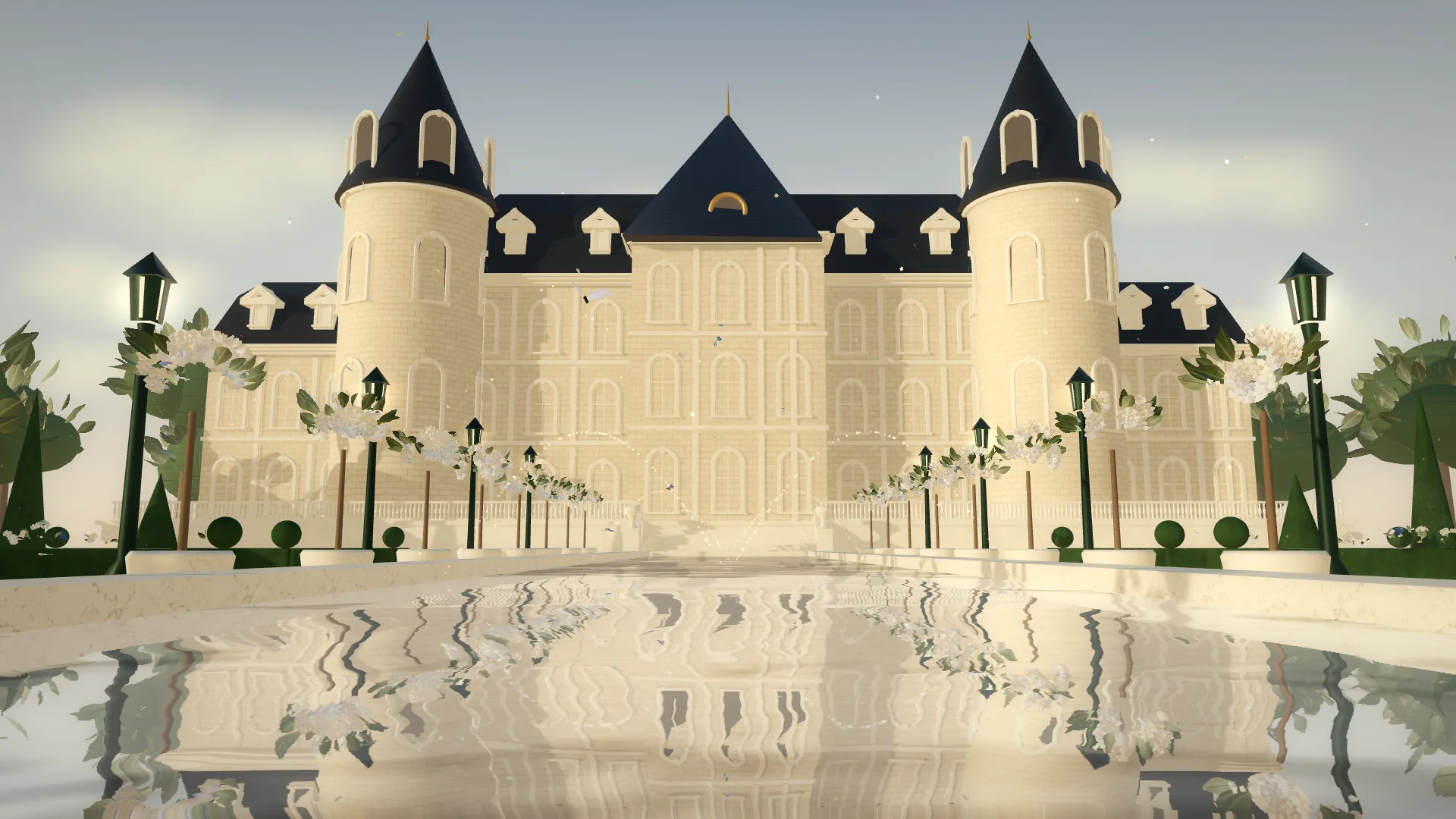 Render 3D château krem terpantul di kolam cermin taman