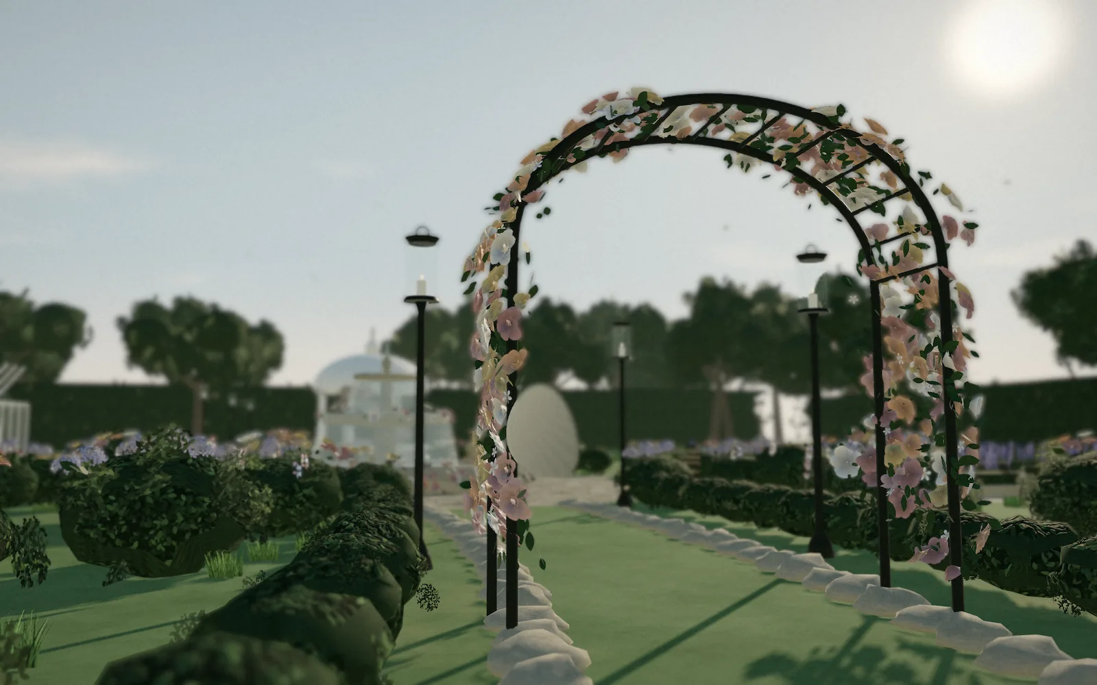 Ilustrasi 3D rose arch di jalan setapak taman