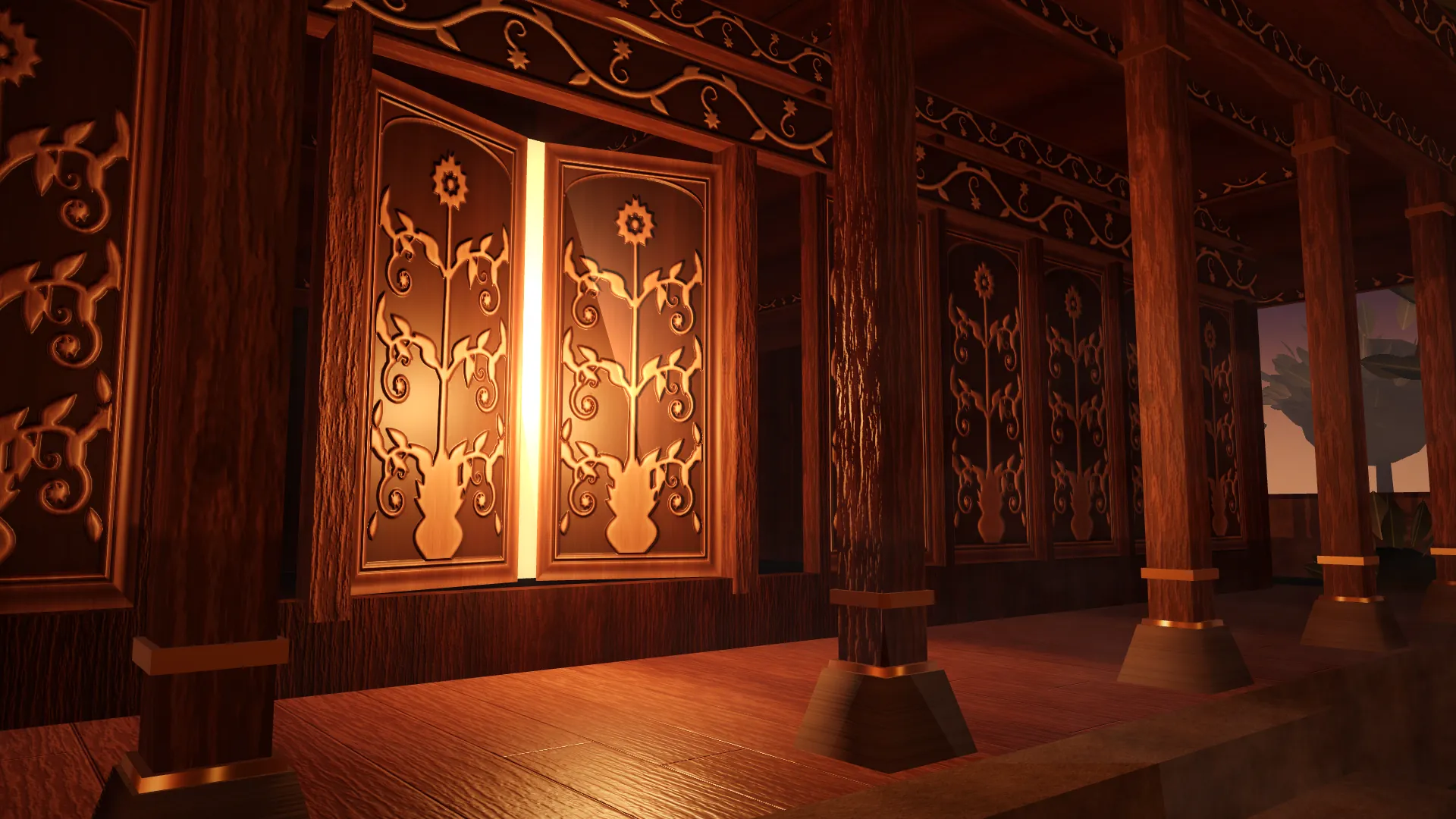 Render 3D dinding gebyok berukir dan pintu kayu dalem Joglo