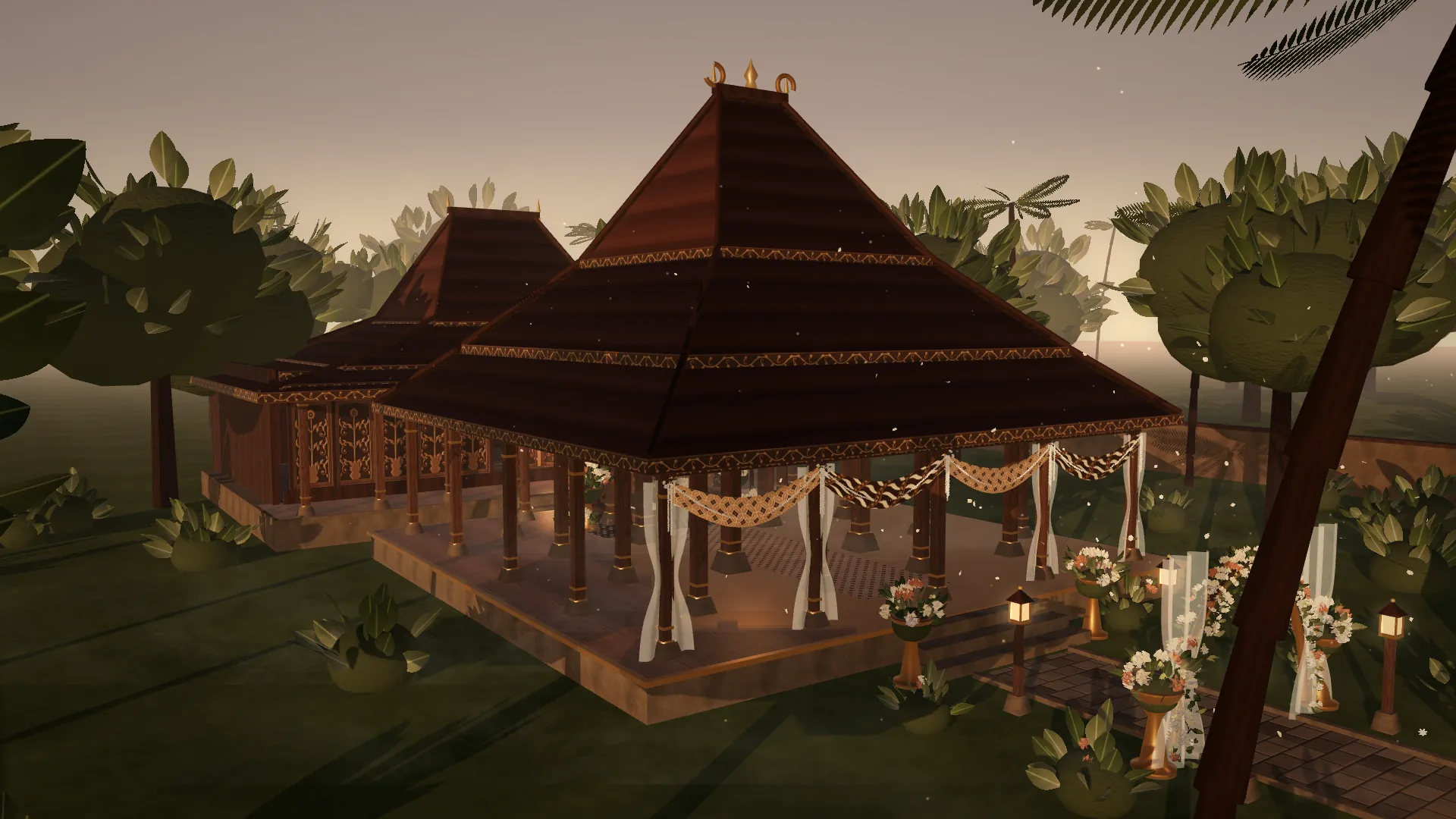 Render 3D kompleks Joglo dan taman Jawa saat golden hour