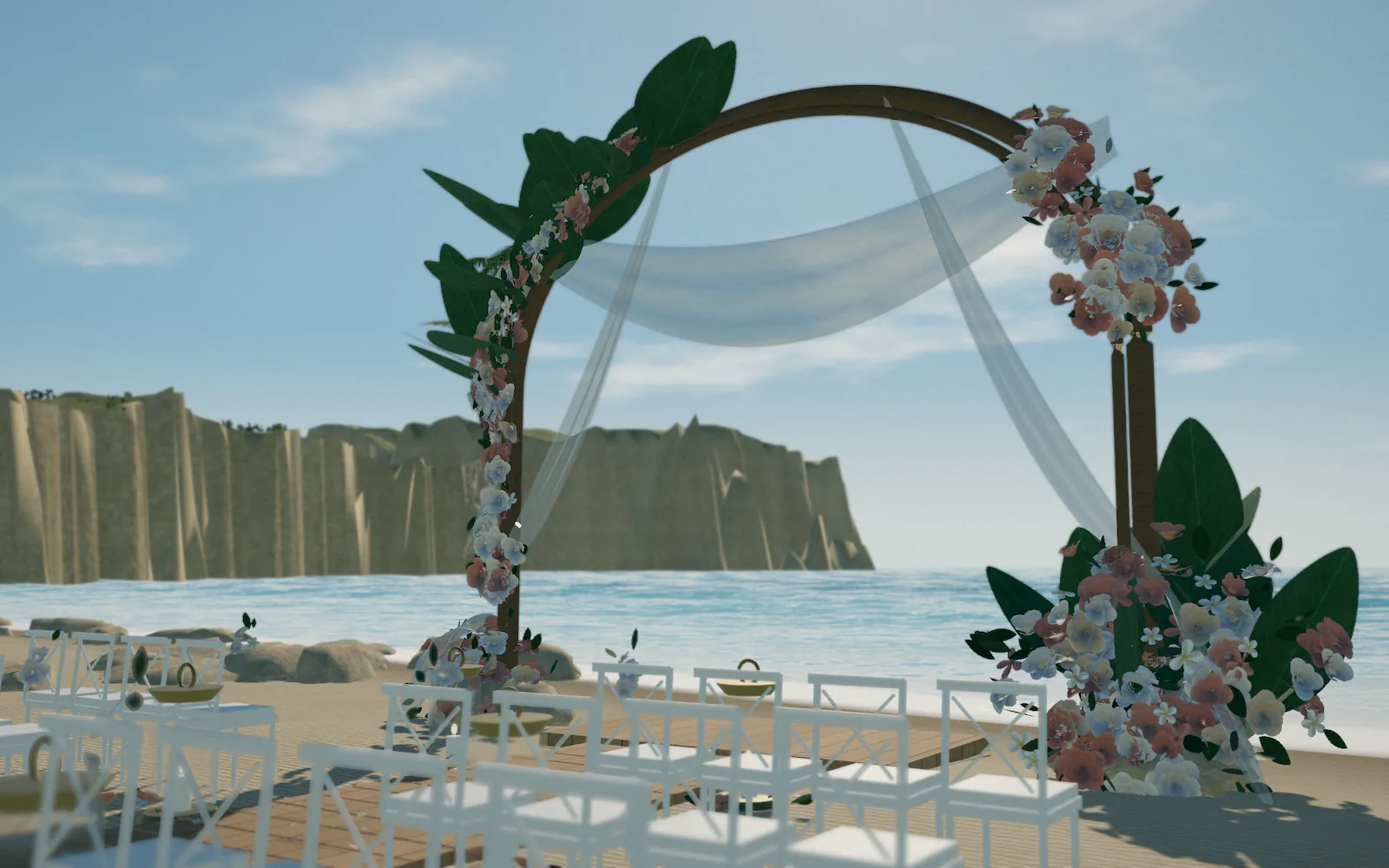 Ilustrasi 3D wedding arch tropis di tepi pantai