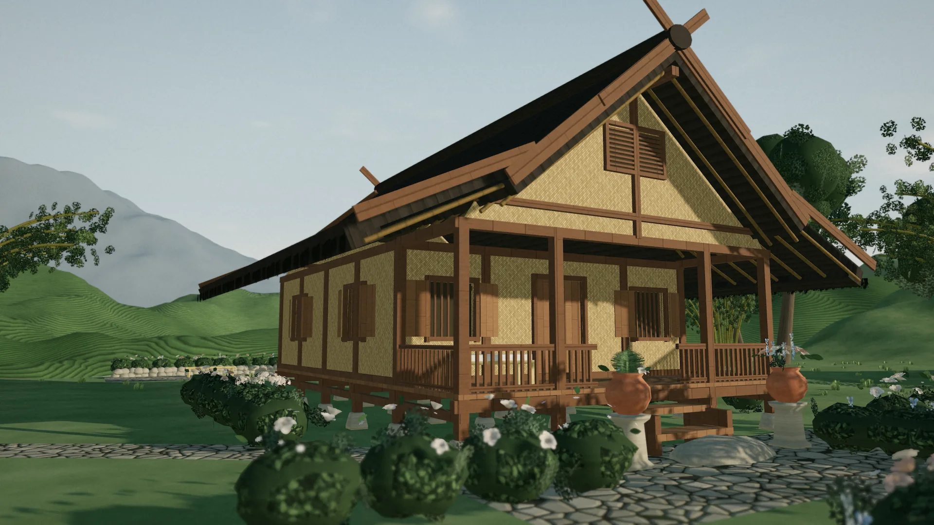 Ilustrasi 3D imah panggung Sunda beratap Julang Ngapak