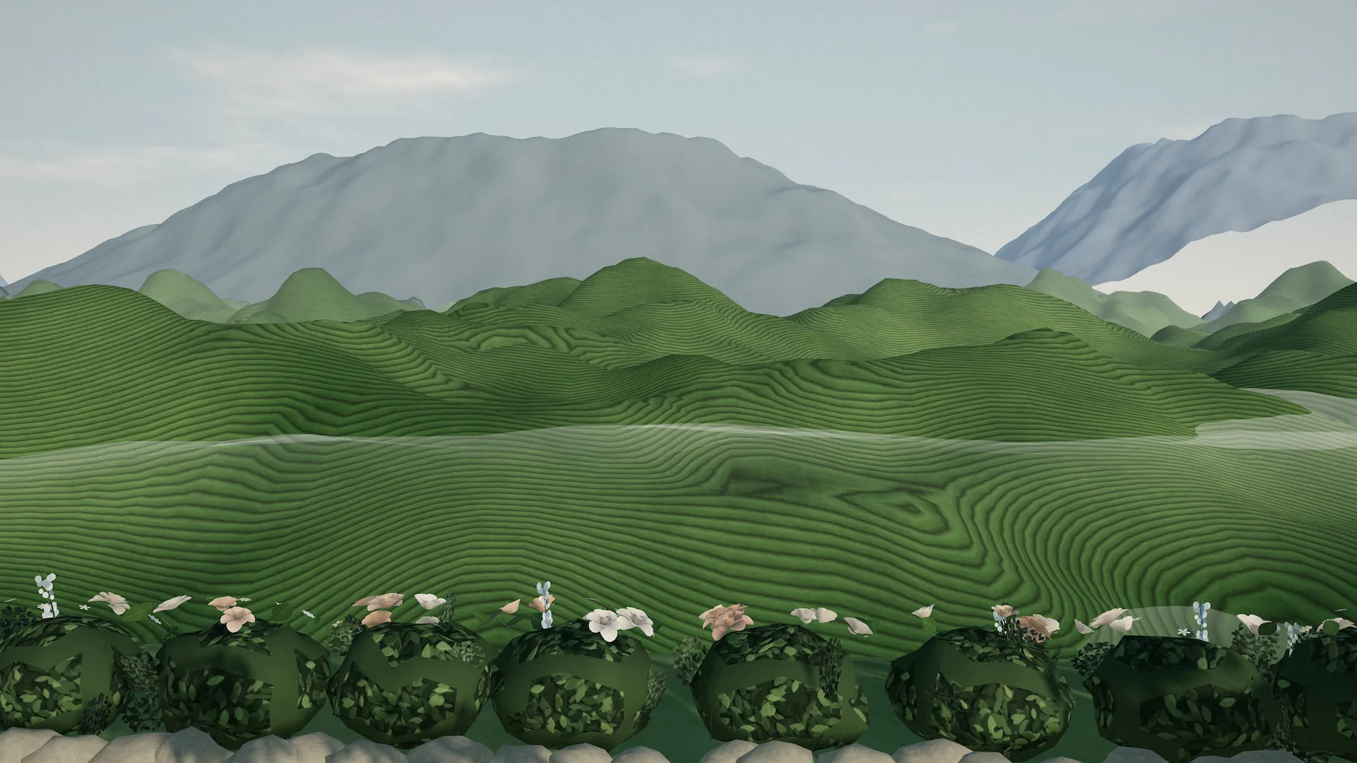 Ilustrasi 3D kebun teh dan pegunungan Parahyangan berkabut