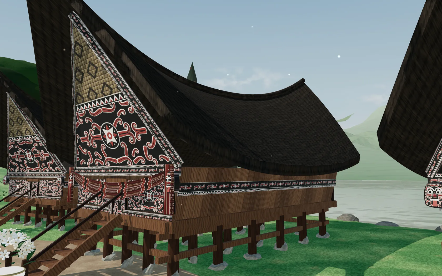 Ilustrasi 3D Rumah Bolon Batak Toba dari sudut tiga perempat