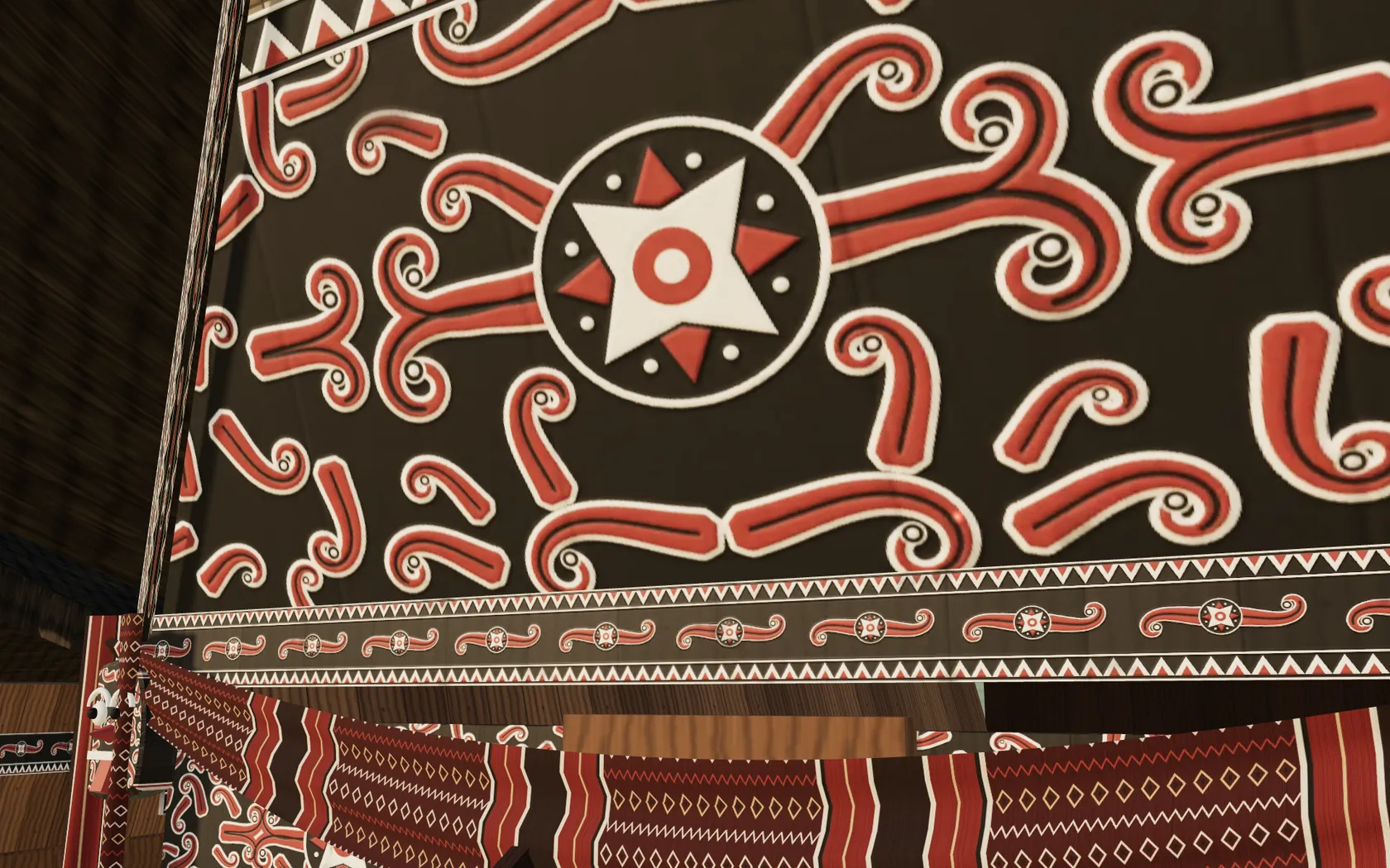 Ilustrasi 3D detail gorga merah, putih, dan hitam pada fasad Rumah Bolon